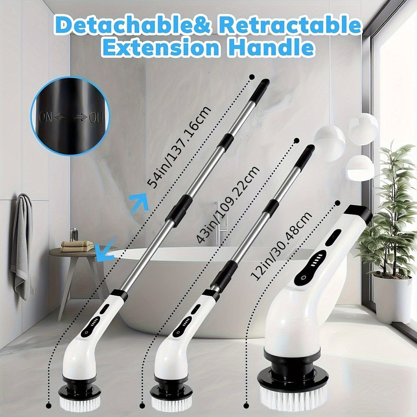 Brosse de Nettoyage Électrique sans Fil - 8 Têtes Remplaçables, Manche Extensible - Idéal pour Salle de Bain, Baignoire, Carrelage