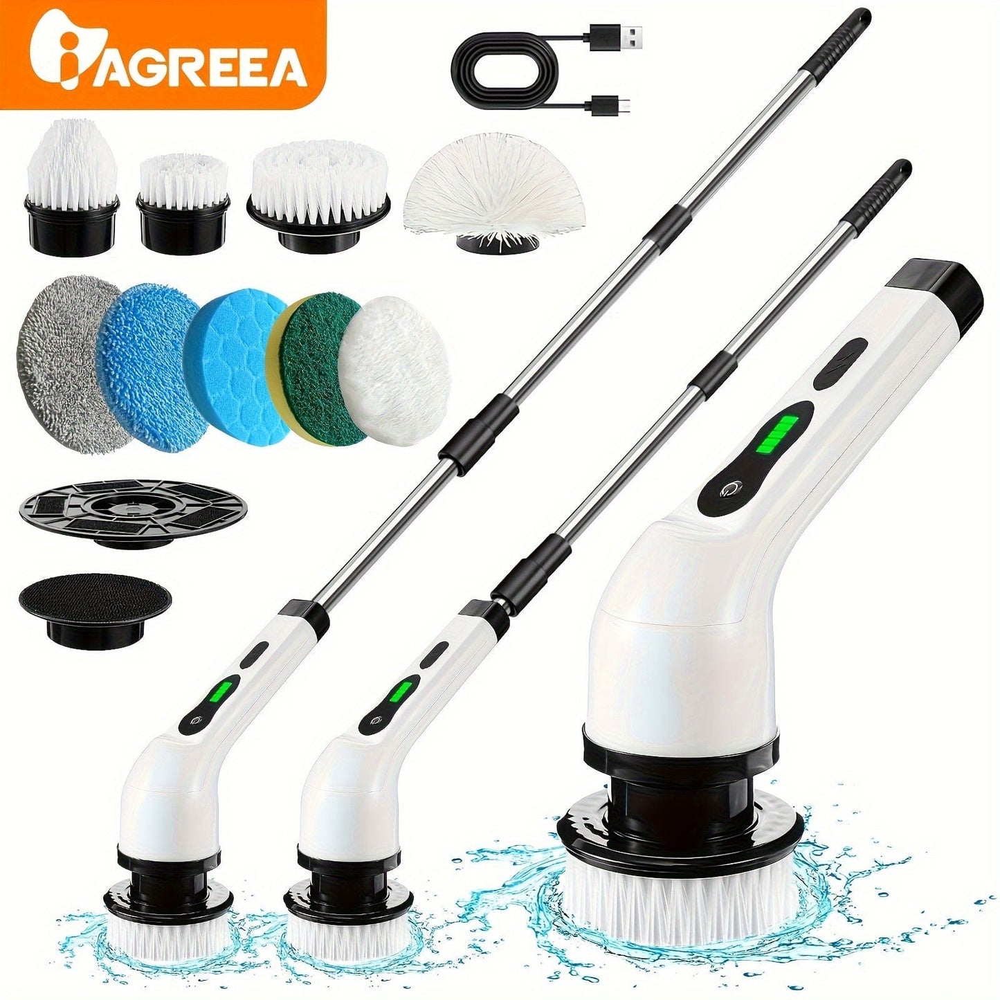 Brosse de Nettoyage Électrique sans Fil - 8 Têtes Remplaçables, Manche Extensible - Idéal pour Salle de Bain, Baignoire, Carrelage white