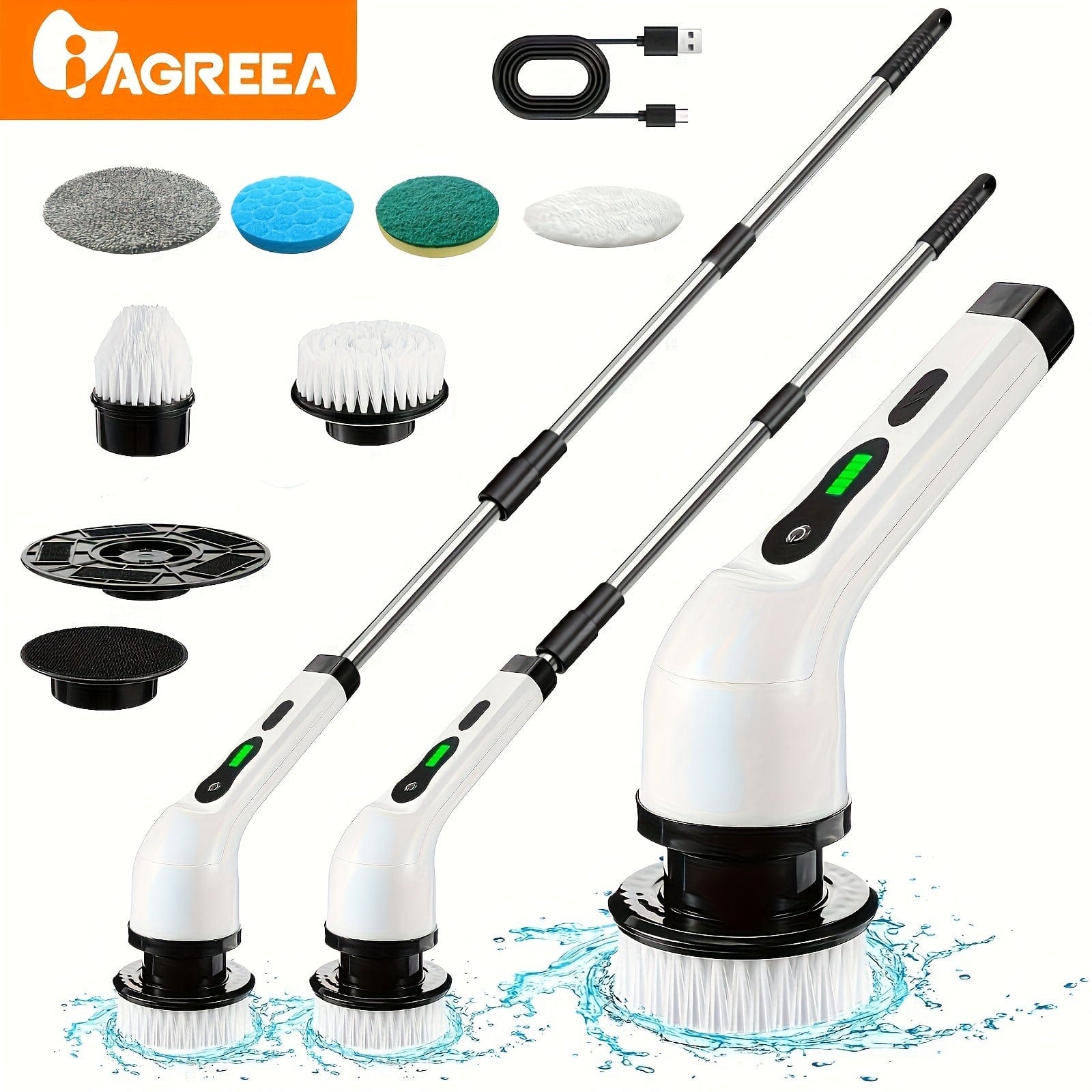 Brosse de Nettoyage Électrique sans Fil - 8 Têtes Remplaçables, Manche Extensible - Idéal pour Salle de Bain, Baignoire, Carrelage White（6）