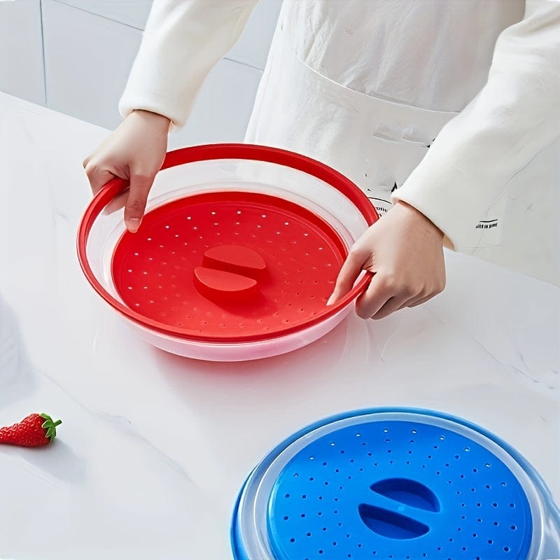 Cache-Micro-Ondes Pliant Ventilé Rond avec Poignée, Filtre Alimentaire Lavable, Ustensile Cuisine