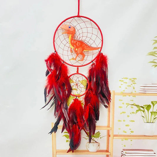 Attrape Rêve Dinosaure Plumes Rouge