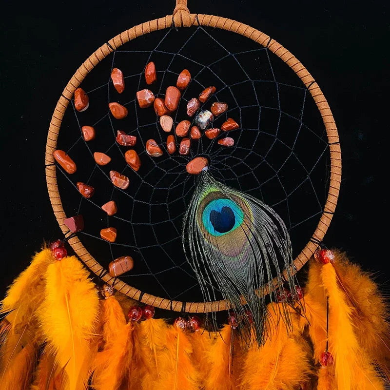 Attrape Rêve Plume Orange de Paon