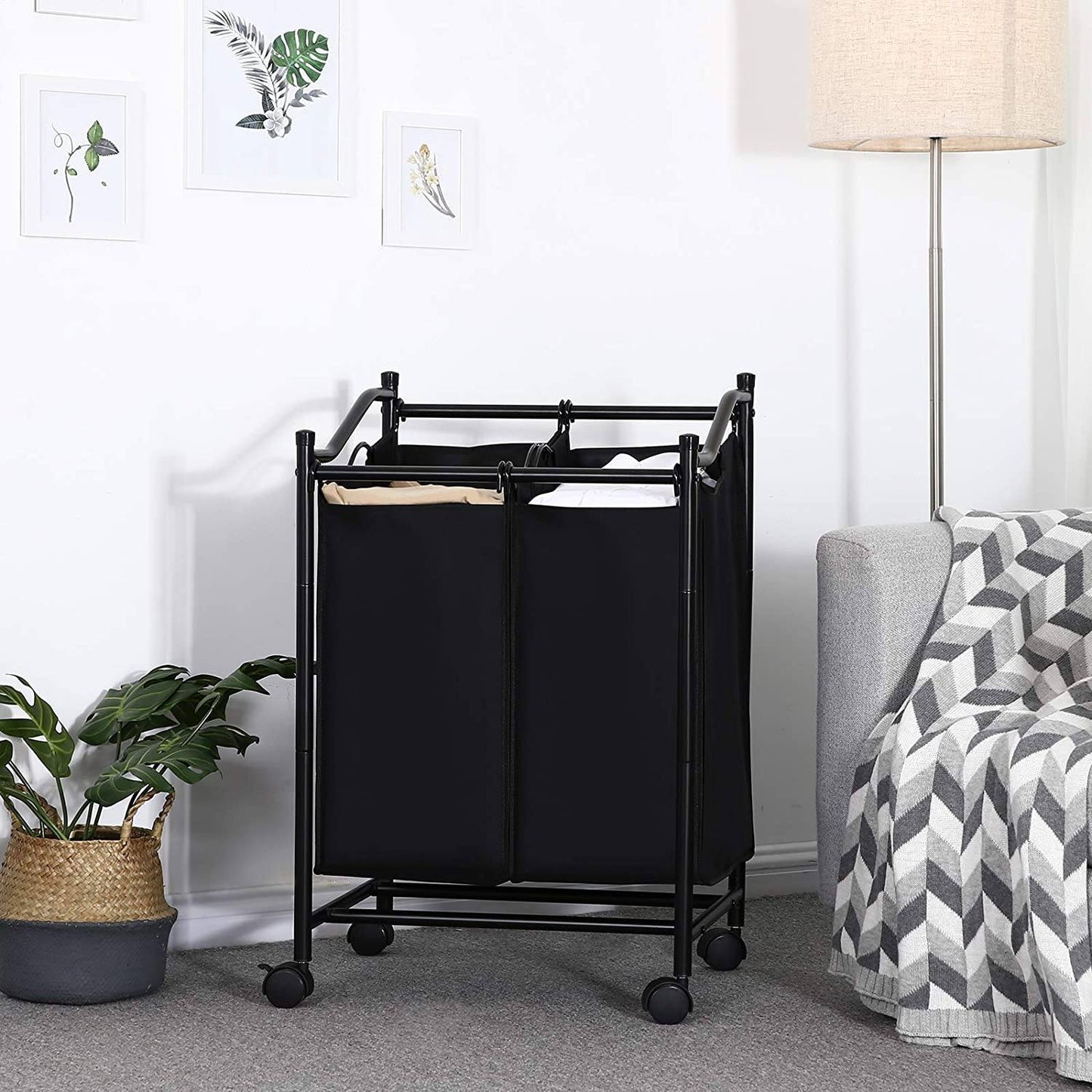 Chariot Panier à Linge à double Sac Noir