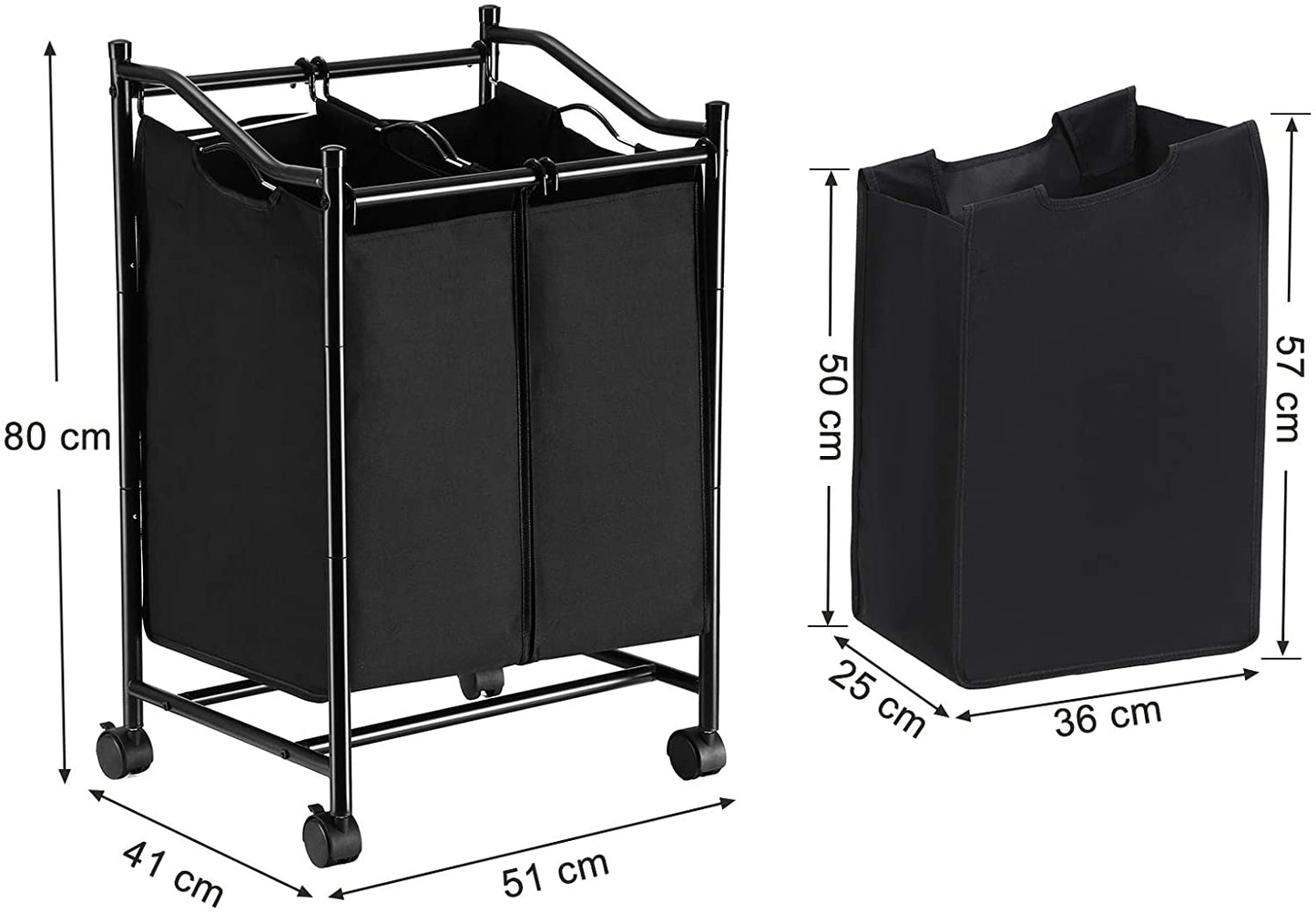 Chariot Panier à Linge à double Sac Noir