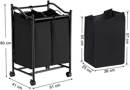 Chariot Panier à Linge à double Sac Noir