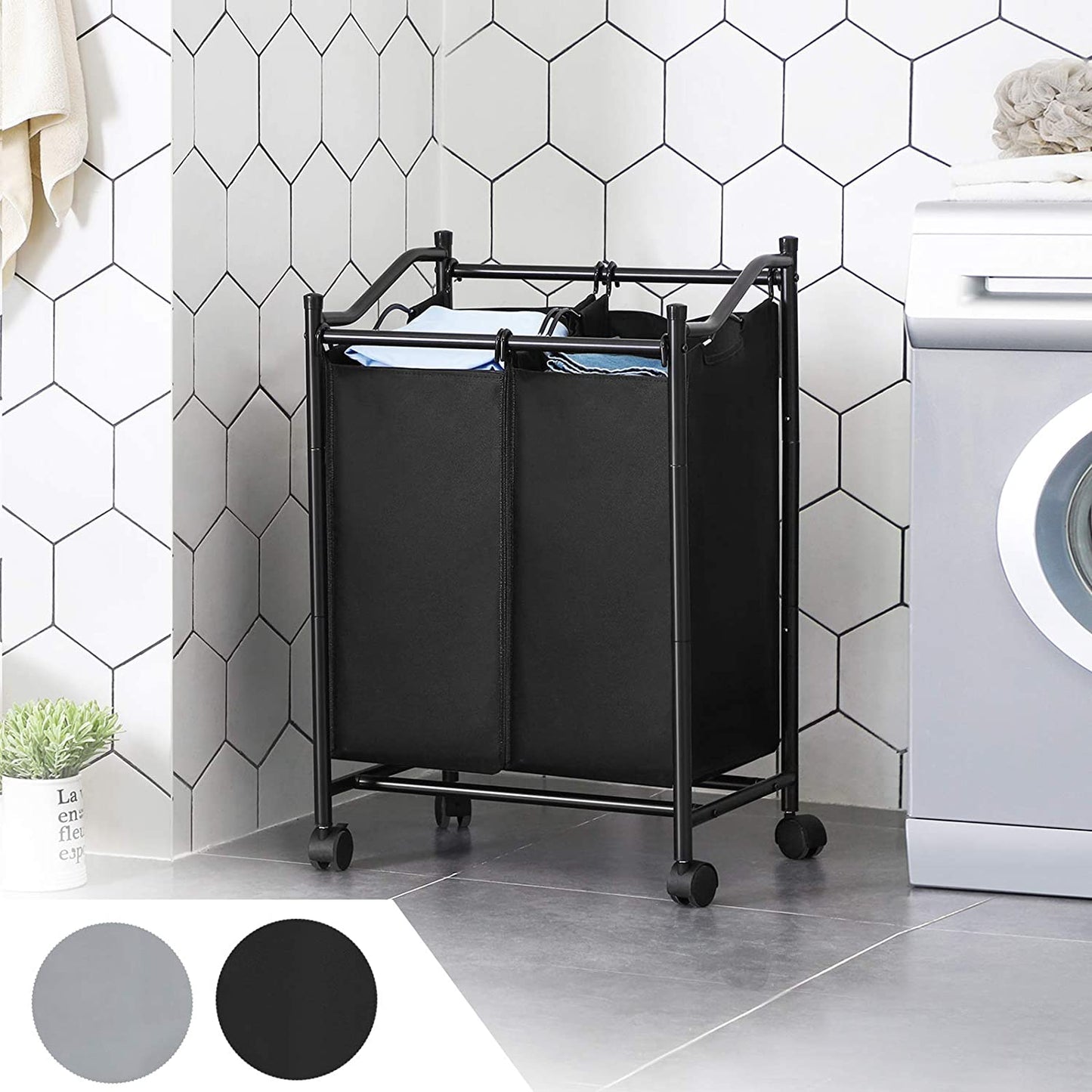 Chariot Panier à Linge à double Sac Noir