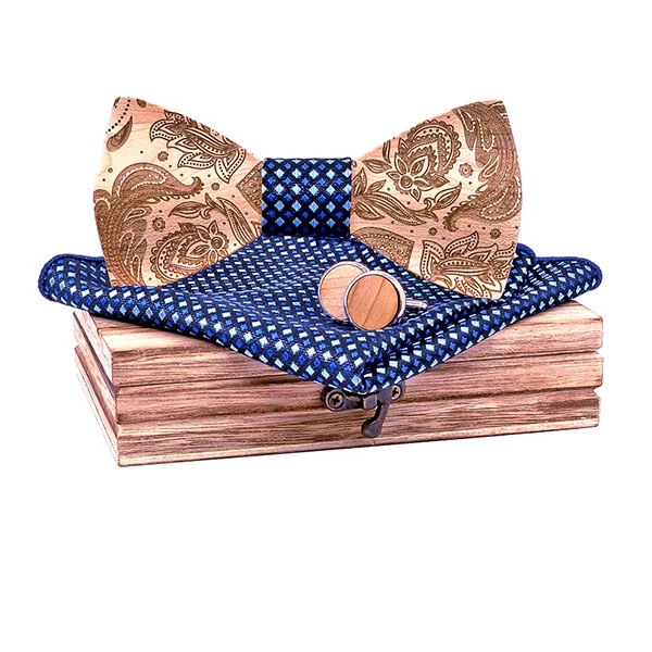 Coffret Noeud Papillon Bois - Fleur Vintage Bleu