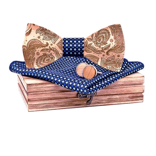 Coffret Noeud Papillon Bois - Fleur Vintage Bleu