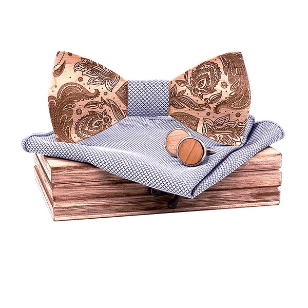 Coffret Noeud Papillon Bois - Fleur Vintage Gris