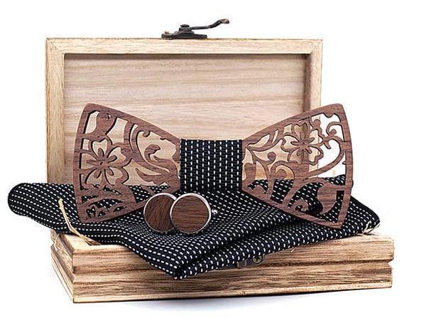 Noir/Blanc Coffret Noeud Papillon Bois  - Flora