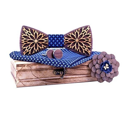 Bleu Coffret Noeud Papillon Bois - Relief Fleuri