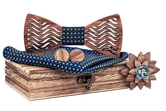 Coffret Noeud Papillon Bois - Stripe Bleu/Vert