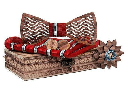 Coffret Noeud Papillon Bois - Stripe Rouge/Gris