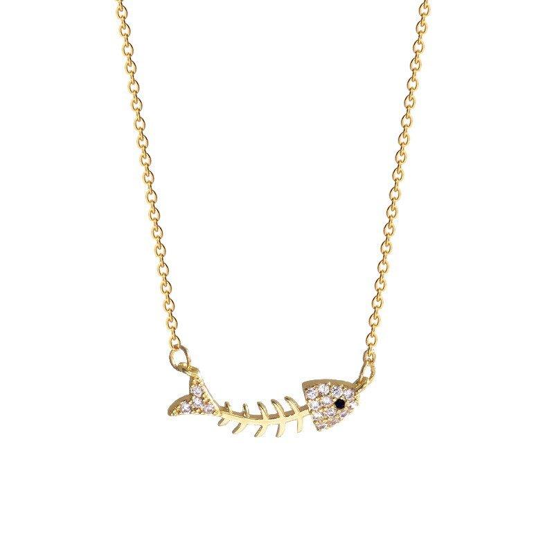 Collier avec pendentif squelette de poisson en strass en plaqué or