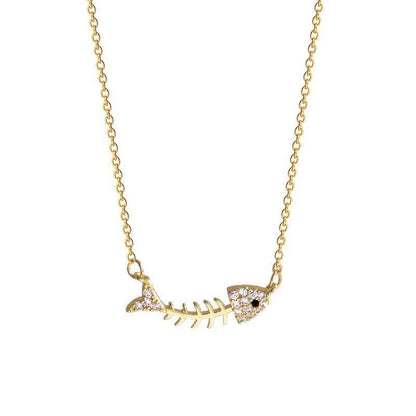 Collier avec pendentif squelette de poisson en strass en plaqué or