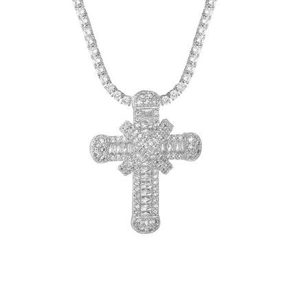 Collier chaîne pendentif croix religieuse en diamants ronds plaqué or / argent - MonPendentif
