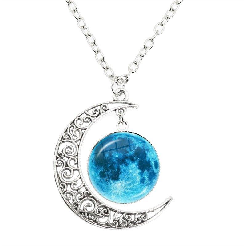 Collier croissant de lune strass et pleine lune / nouvelle lune dôme en verre - MonPendentif