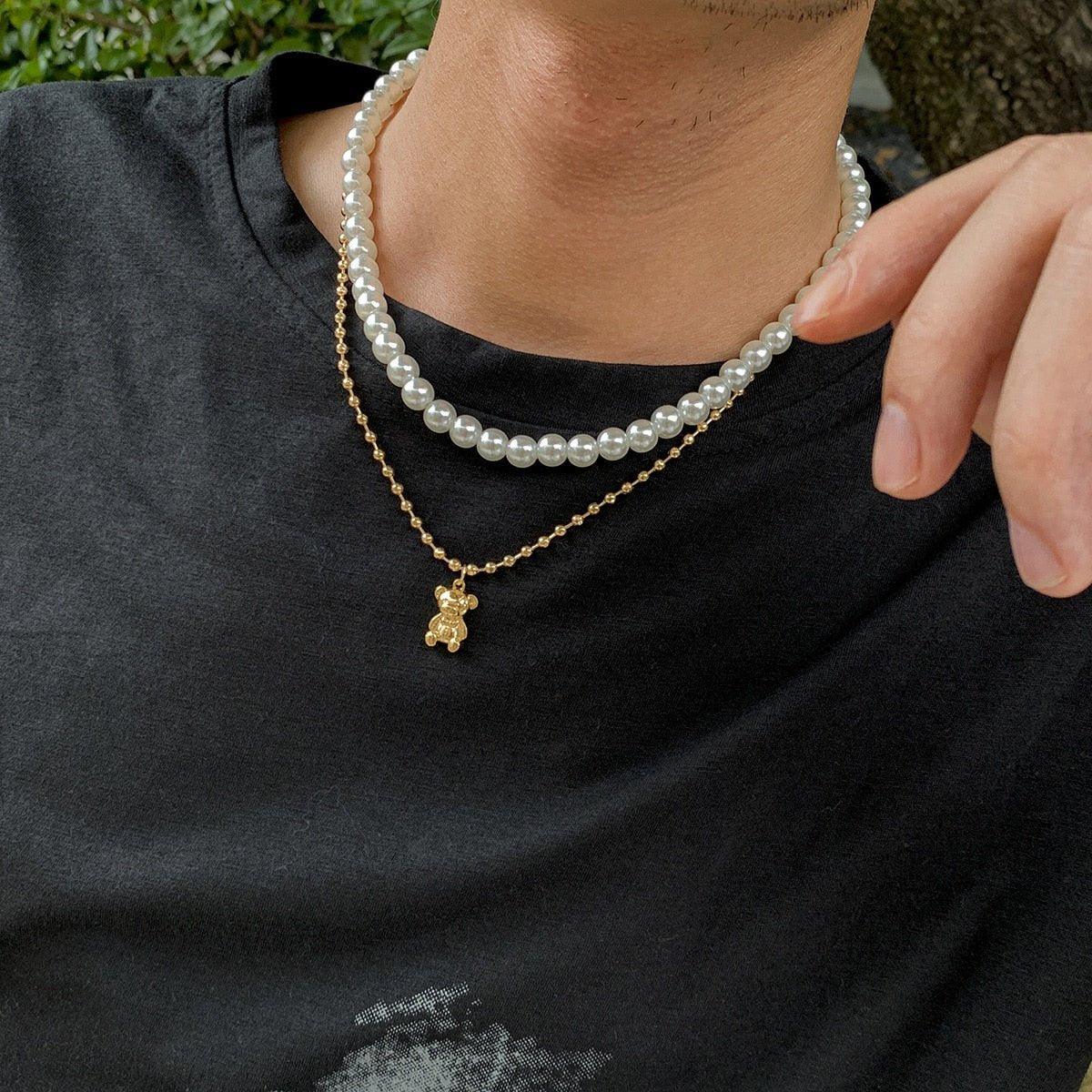 Collier double avec pendentif ourson avec perles