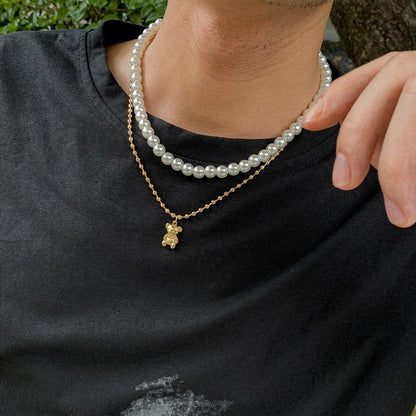 Collier double avec pendentif ourson avec perles
