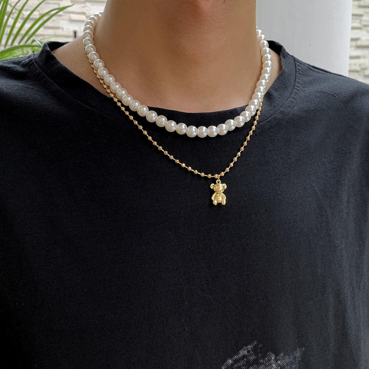 Collier double avec pendentif ourson avec perles
