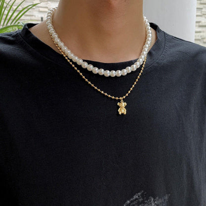 Collier double avec pendentif ourson avec perles