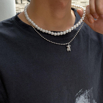 Collier double avec pendentif ourson avec perles