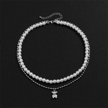 Collier double avec pendentif ourson avec perles - MonPendentif