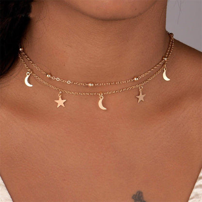 Collier double chaîne pendentif lunes et étoiles plaqué or / argent