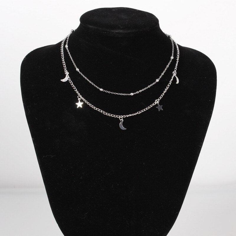 Collier double chaîne pendentif lunes et étoiles plaqué or / argent - MonPendentif
