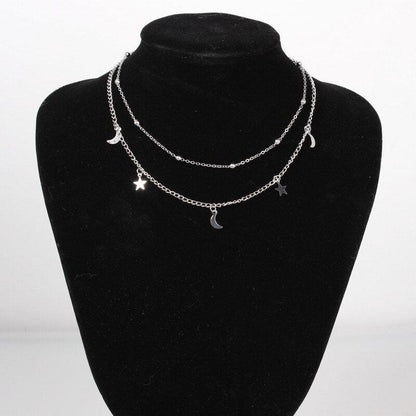 Collier double chaîne pendentif lunes et étoiles plaqué or / argent - MonPendentif