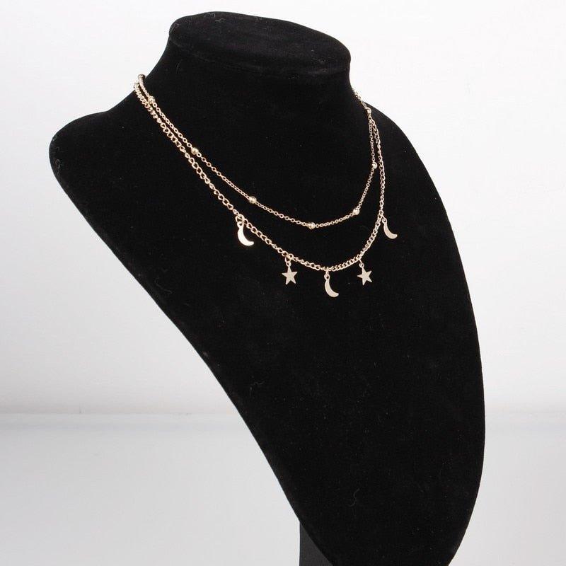 Collier double chaîne pendentif lunes et étoiles plaqué or / argent - MonPendentif