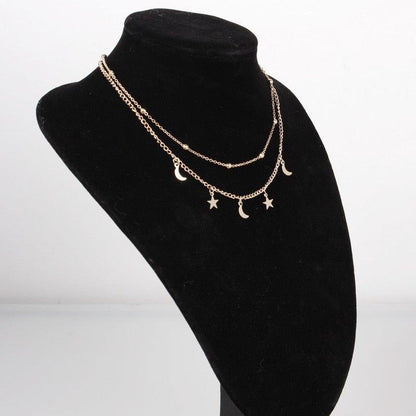 Collier double chaîne pendentif lunes et étoiles plaqué or / argent - MonPendentif