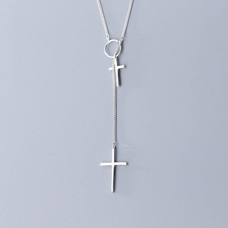 Collier fine chaîne pendentif double croix et Cercle en argent Sterling 925