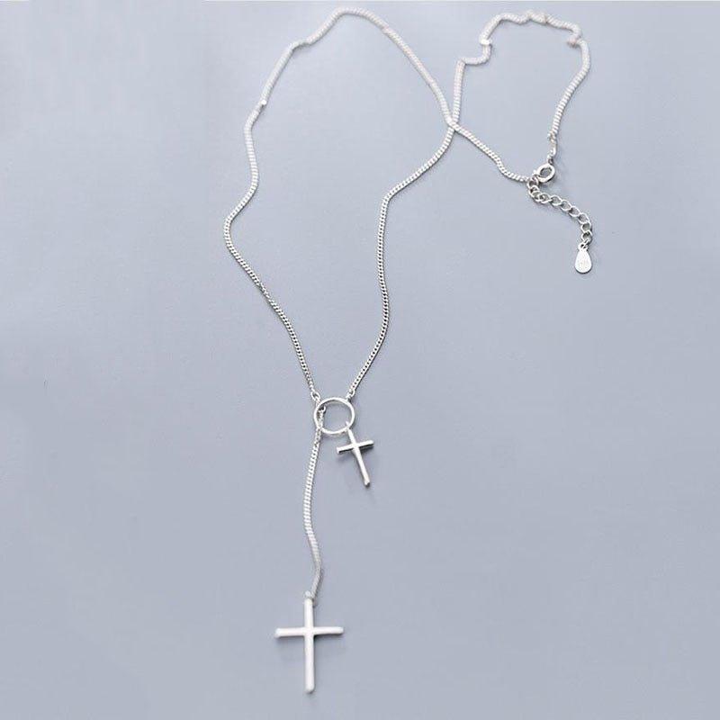 Collier fine chaîne pendentif double croix et Cercle en argent Sterling 925