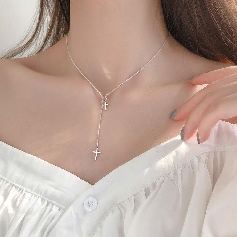 Collier fine chaîne pendentif double croix et Cercle en argent Sterling 925