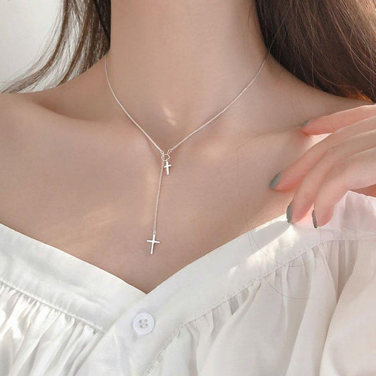 Collier fine chaîne pendentif double croix et Cercle en argent Sterling 925