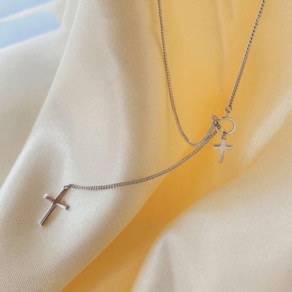 Collier fine chaîne pendentif double croix et Cercle en argent Sterling 925