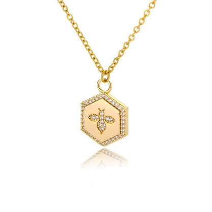 Collier pendentif abeille cadre hexagonale strass