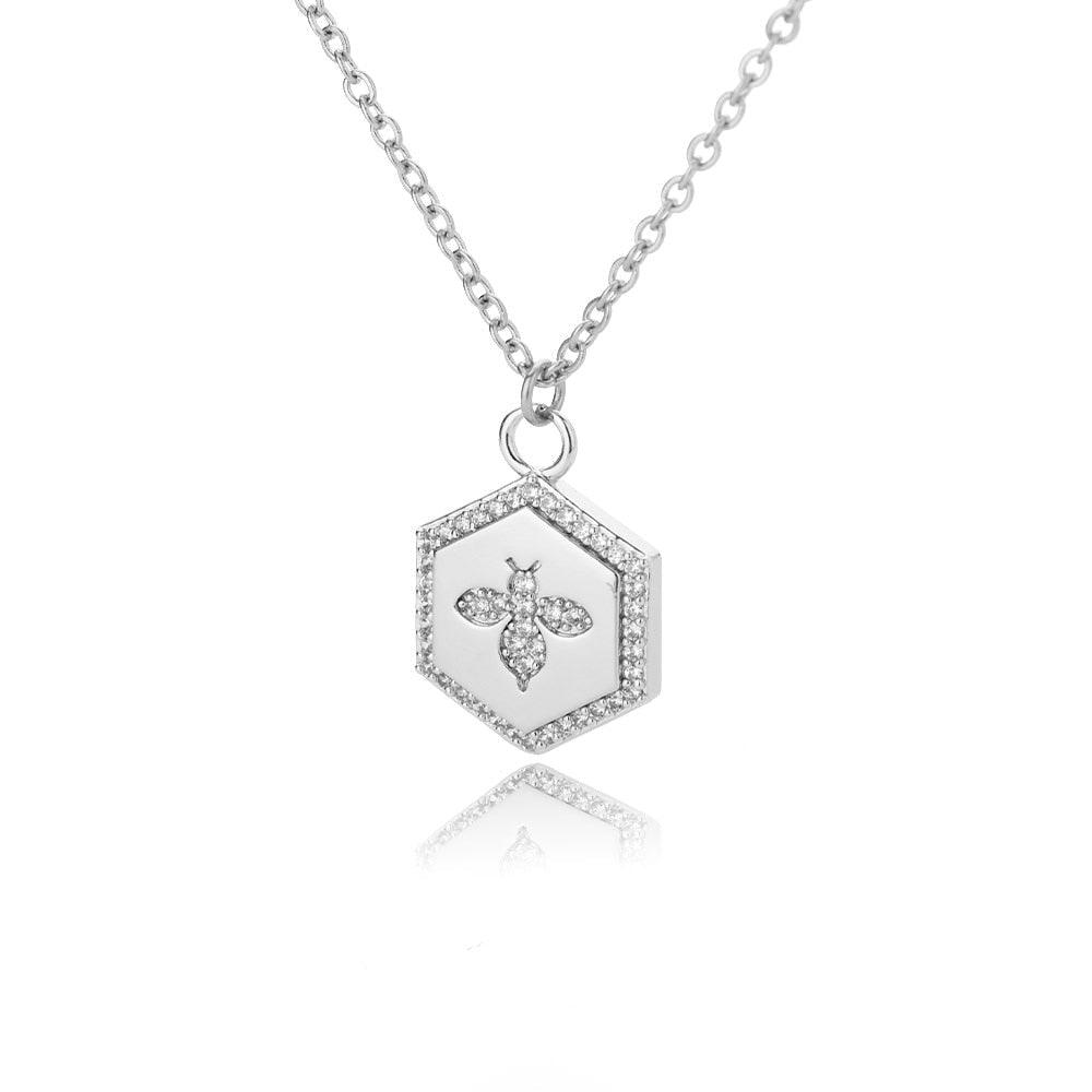 Collier pendentif abeille cadre hexagonale strass - MonPendentif