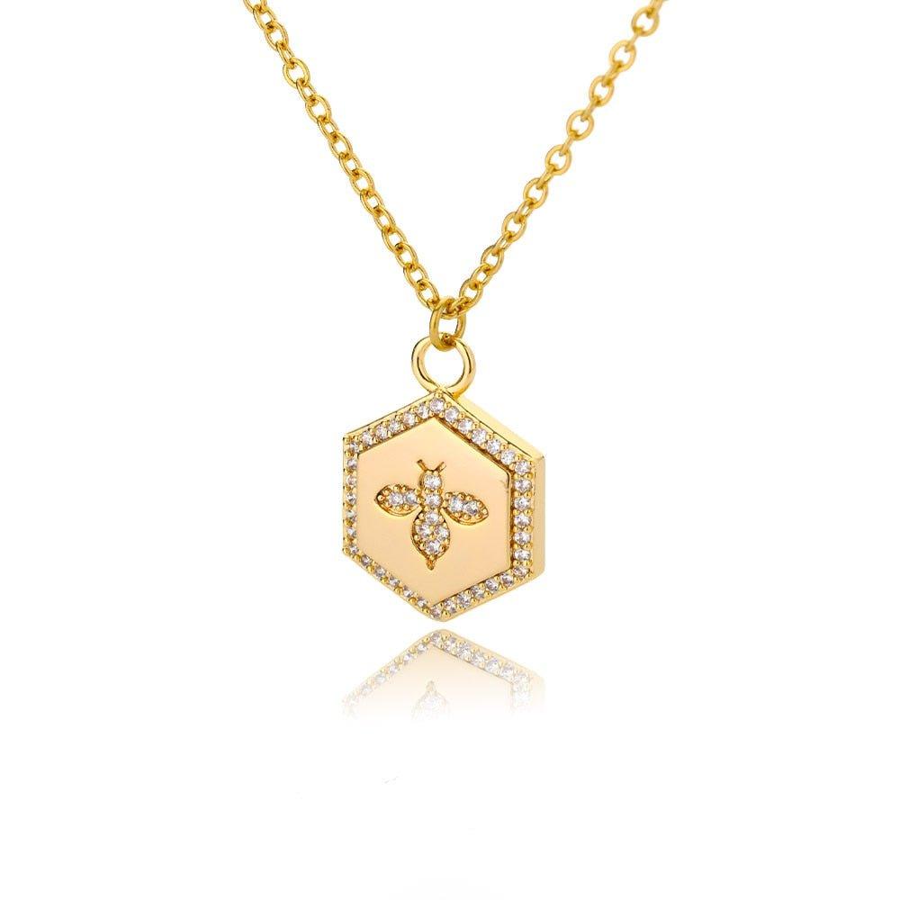 Collier pendentif abeille cadre hexagonale strass - MonPendentif
