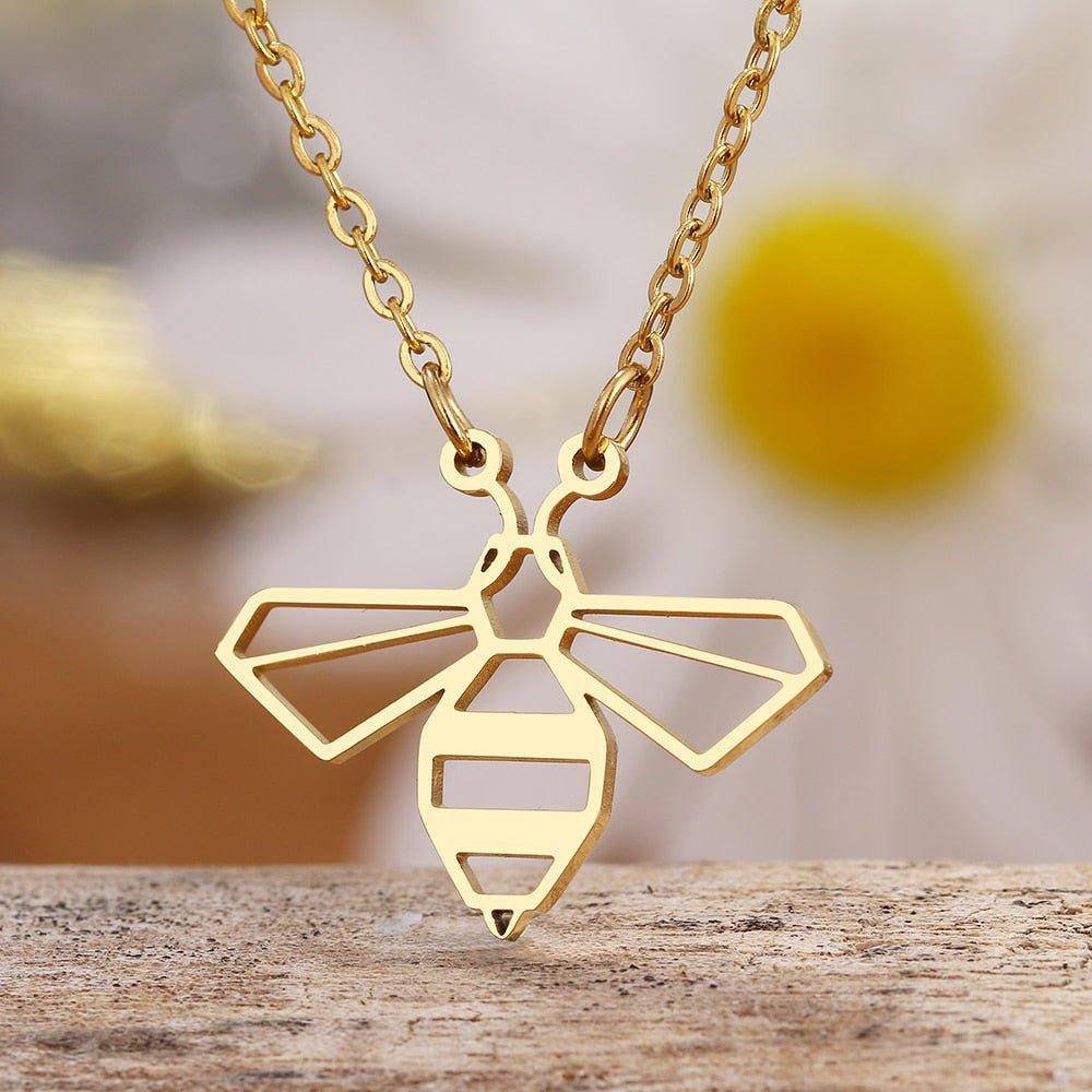 Collier pendentif abeille plat géométrique plaqué or / argent