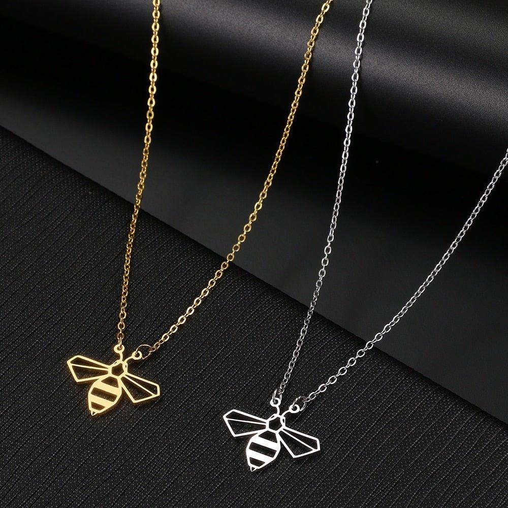Collier pendentif abeille plat géométrique plaqué or / argent