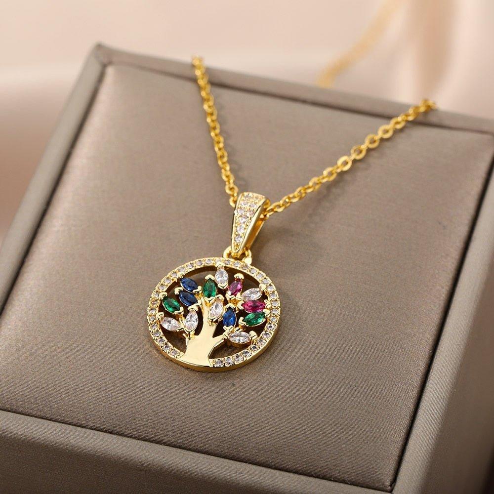 Collier pendentif arbre de vie avec pierres 5 couleurs plaqué or
