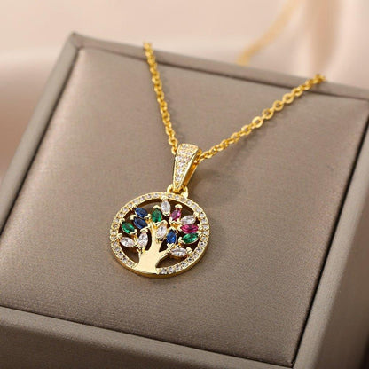 Collier pendentif arbre de vie avec pierres 5 couleurs plaqué or
