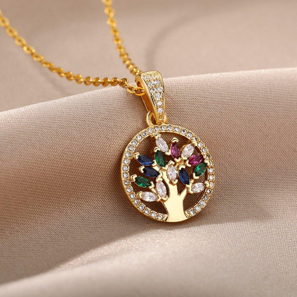 Collier pendentif arbre de vie avec pierres 5 couleurs plaqué or
