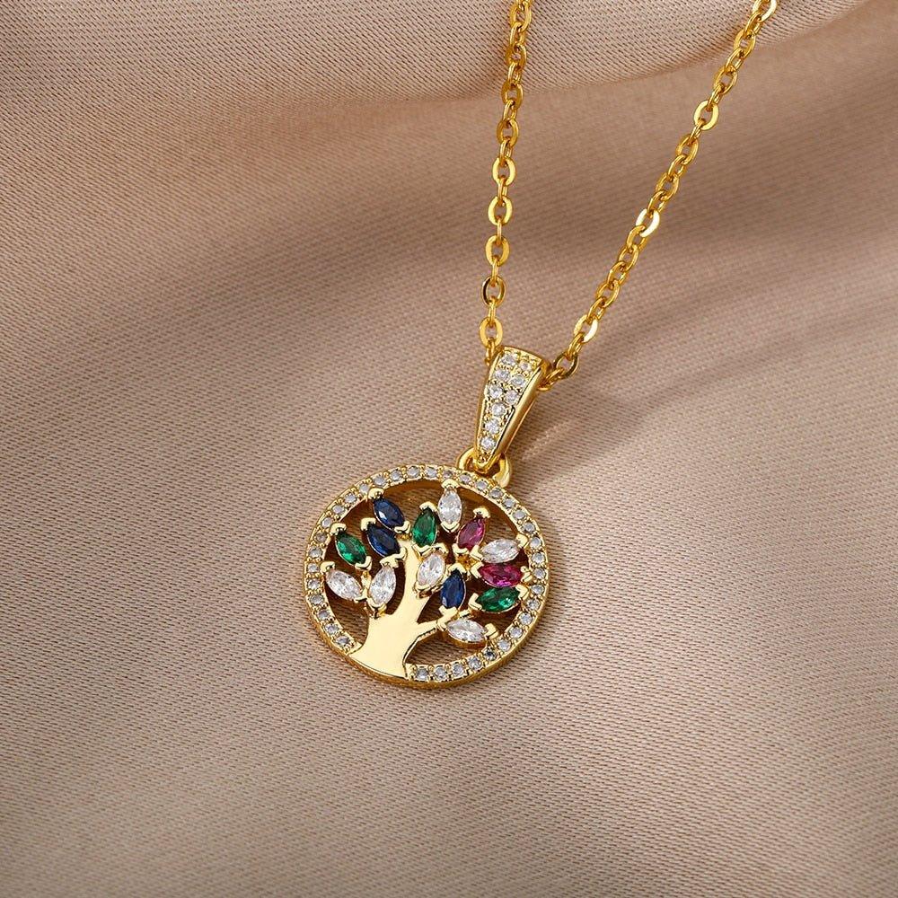 Collier pendentif arbre de vie avec pierres 5 couleurs plaqué or