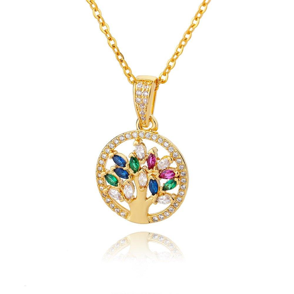 Collier pendentif arbre de vie avec pierres 5 couleurs plaqué or