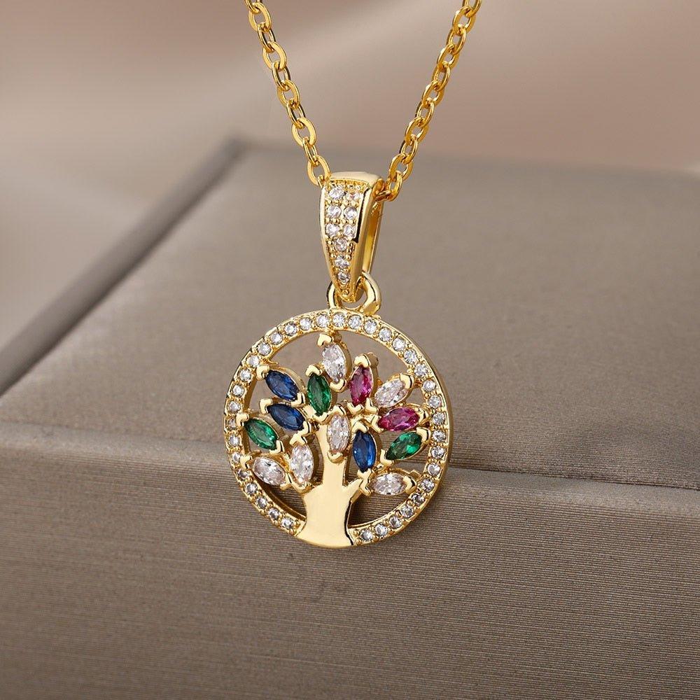 Collier pendentif arbre de vie avec pierres 5 couleurs plaqué or