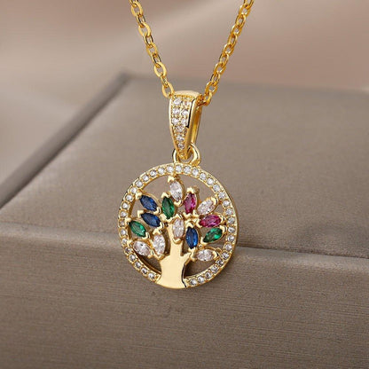 Collier pendentif arbre de vie avec pierres 5 couleurs plaqué or