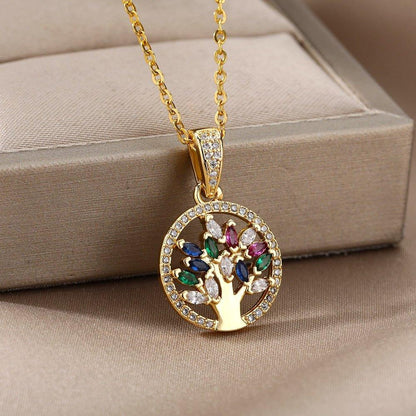 Collier pendentif arbre de vie avec pierres 5 couleurs plaqué or